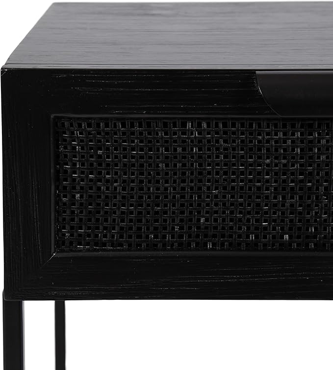 Kate and Laurel Ori Modern Cane Rectangle Side Table, 18 x 15 x 24, Black, Versatile Rattan Living Room End Table with Drawer for Storage and Home Decor