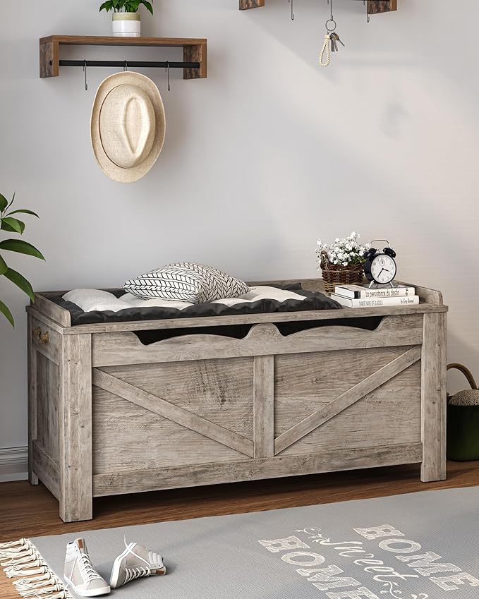 39.4" Storage Chest, Lift-Top Storage Trunk with 2 Safety Hinges, Wooden Bench Box Chest Organizer for Bedroom, Entryway, Living Room, Greige SB04505X