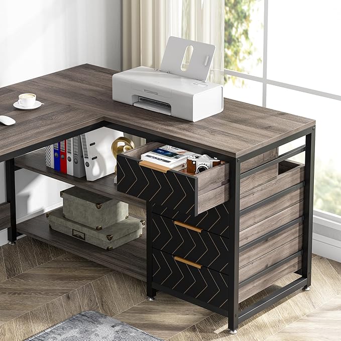 LITTLE TREE 59-Inch L Shaped Desk with Drawers, Large Computer Desk with Storage Shelves, Reversible L-Shaped Corner Desk Workstation for Home Office
