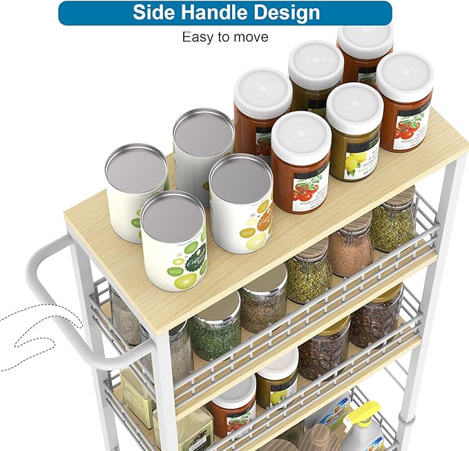 YBING Slim Storage Cart 4-Tier Rolling Kitchen Utility Cart White Narrow Laundry Storage Cart on Wheels and Wood Table Top Mobile Shelving Unit Organizer Trolley for Bathroom Small Space 7.3" W