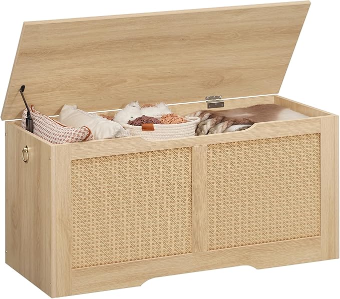HOOBRO Storage Bench, 39.3" Toy Box, Rattan-Like Storage Chest, Sturdy Entryway Bench Supports 220 lb, Toy Chest, Safety Hinge, U-Shaped Opening, Easy Assembly, Natural NL11CW01