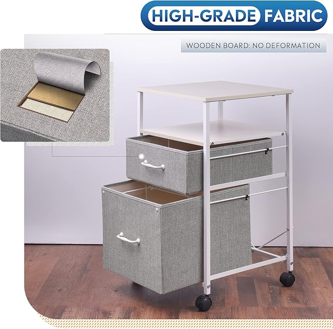 DEVAISE 2 Drawer Mobile File Cabinet, Rolling Printer Stand with Open Storage Shelf, Fabric Vertical Filing Cabinet fits A4 or Letter Size for Home Office, Light Grey