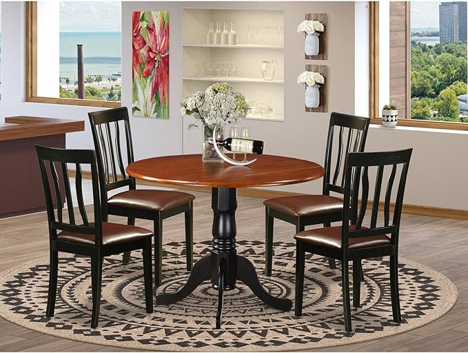 East West Furniture DLAN5-BCH-LC 5 Piece Dining Room Furniture Set Includes a Round Kitchen Table with Dropleaf and 4 Faux Leather Upholstered Dining Chairs, 42x42 Inch, Black & Cherry