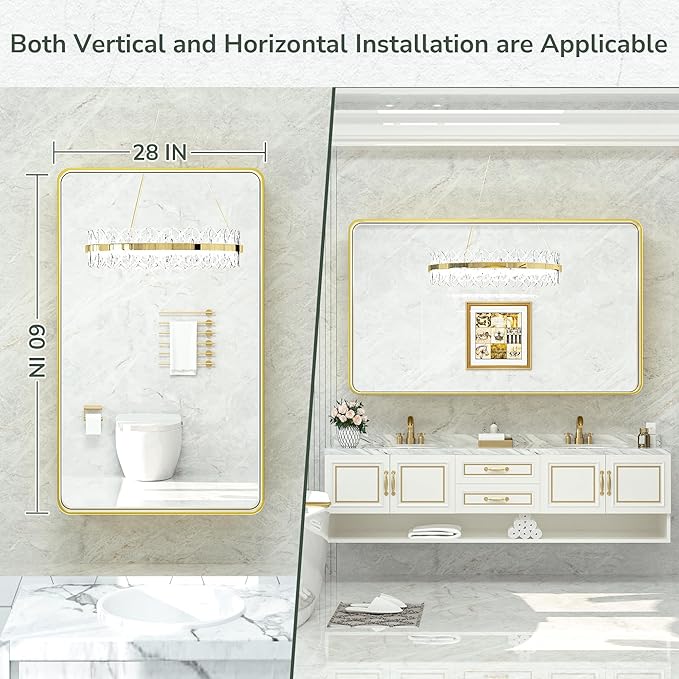 TokeShimi 60 x 28 Inch Brushed Gold Bathroom Vanity Mirror for Wall with Non-Rusting Aluminum Alloy Matte Metal Frame for Modern Farmhouse Home Decor (Horizontal/Vertical)