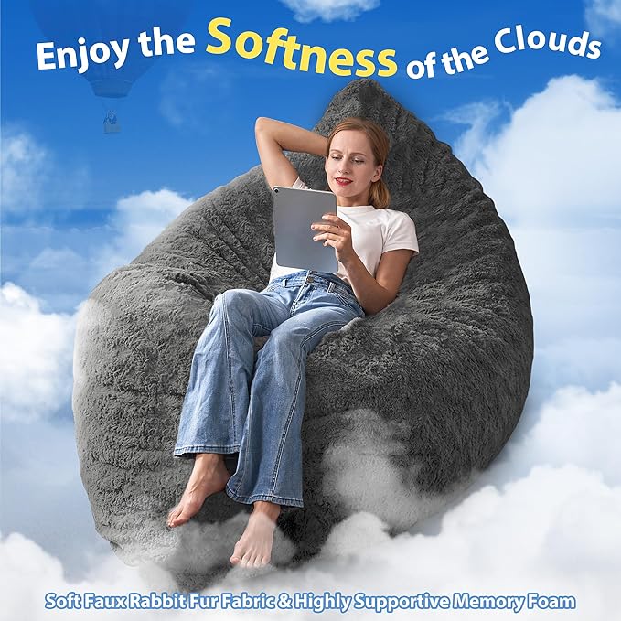 HABUTWAY 4 in 1 Bean Bag Chair, Giant Memory Foam Filling Bean Bag Sofa, Adult Bean Bag Chair, Machine Washable Faux Fur Cover, Bean Bag for Adult (Grey)