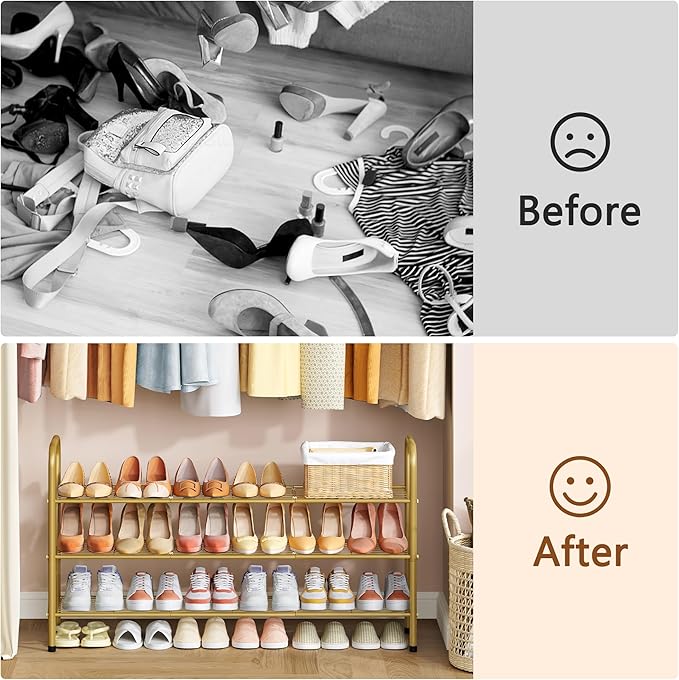 Hoctieon 3 Tier Mesh Style Shoe Rack, Entryway Shoe Shelf, Shoe Storage Organizer, Shoe Rack for Closet, Space Save for Bathroom, Garage, Hallway, Bedroom, Living Room, Gold