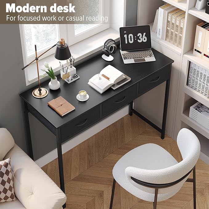 WOHOMO Computer Desk with Drawers, 39.3 Inch Bedroom Desk with Storage, Home Office Desk for Room Spaces, Modern Work Writing Study Tables, Black