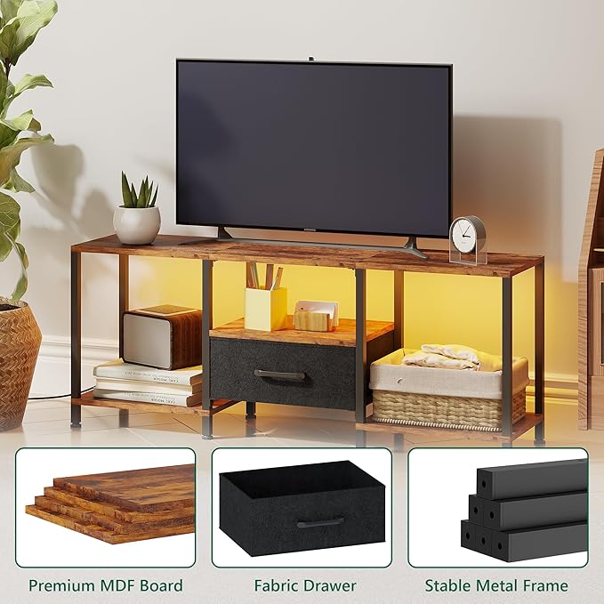 TV Stand with LED Lights, Entertainment Center with Open Shelves and Fabric Drawer, Media Console for 55 Inch TV, Television Stands, Living Room Furniture, Bedroom, Rustic Brown