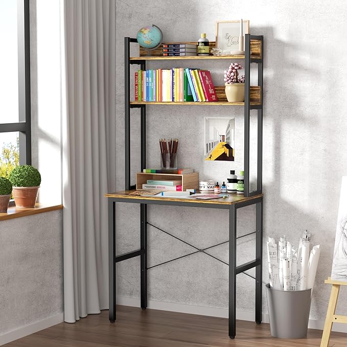Aquzee 31 Inch Desk Hutch, Teen Desk with Shelves, Study Desks with Storage, Computer Desks for Small Spaces, Kids, Student, Space Saving, Easy Assemble, Rustic Brown