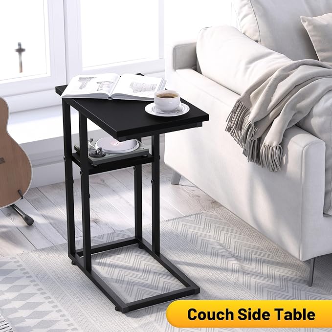 C Shaped End Table, Sturdy 2 Tier C Shaped Side Table for Couch Sofa Bedside Small Space, Couch Side Table for Living Room Bedroom, Easy to Assemble, Classic Black