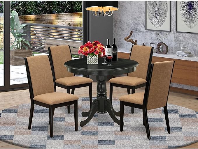 East West Furniture ANLA5-ABK-47 5 Piece Modern Dining Table Set Includes a Round Kitchen Table with Pedestal and 4 Light Sable Linen Fabric Upholstered Chairs, 36x36 Inch, Wirebrushed Black