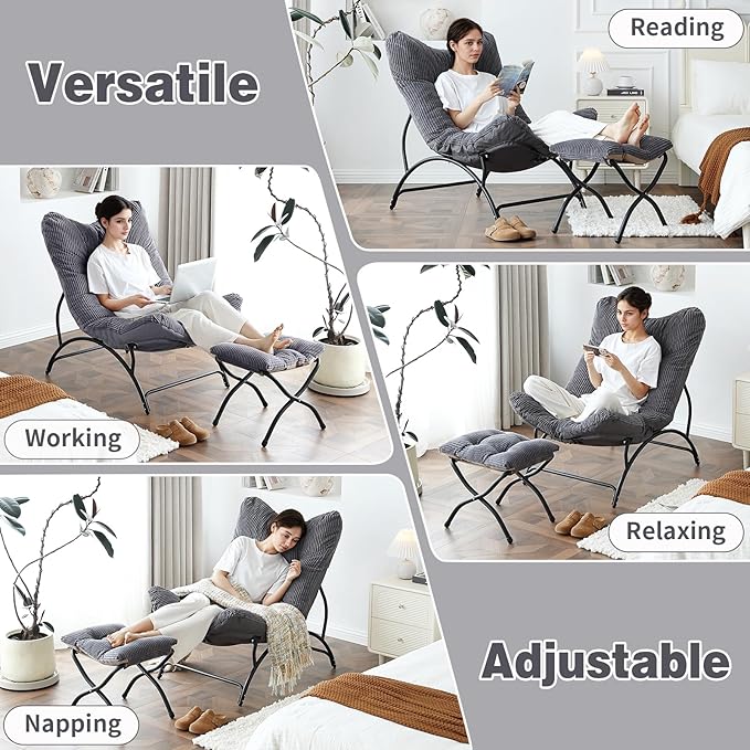Welnow Accent Chair with Ottoman, Lounge Comfy Soft Leisure Metal Frame Reading Chair with Footrest, Upholstered Thick Cushion Seated Recliner Sofa for Living Room, Bedroom, Dorm, Dark