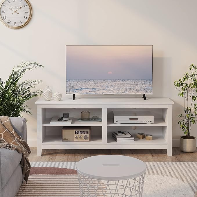 Modern TV Stand for 65 inch TV, White Wood TV Cabinet with 4 Open Storage Shelves, Fits 50-65 Inch TVs, 55 Inches W x 15 Inches D x 22.8 Inches H