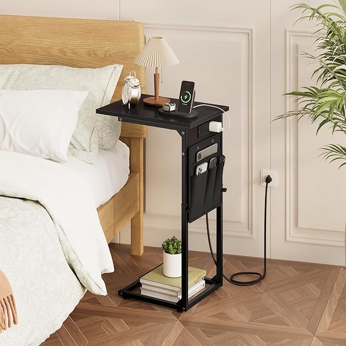 Vagusicc C Shaped End Table with Charging Station, Adjustable Height Side Table for Sofa, Couch Side Table for Small Spaces, Slide Under Sofa TV Tray Snack Arm Tables for Living Room, Bedroom, Black