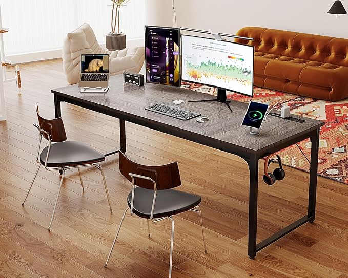 Coleshome 71 x 24 Inch Computer Desk with USB Ports, Large Office Desk, Long Study Student Writing Desk, Grey Oak