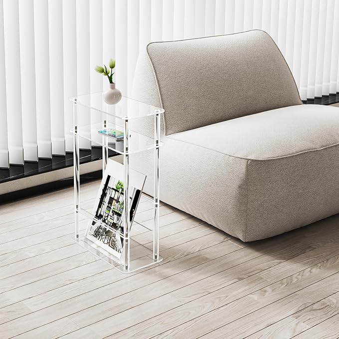 HMYHUM Acrylic Narrow End Table for Small Spaces with Magazine Holder, Slim Side Small Nightstand/Bedside Table for Living Room, Bedroom, 3 Tier, 15.7" L x 7" W x 23" H, Clear