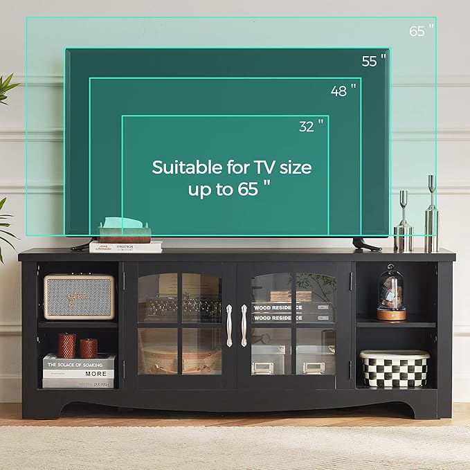 LINSY HOME Farmhouse TV Stand for 65 Inch TV, Wood Entertainment Center with Glass Door Storage Cabinet & Adjustable Shelves, Sturdy TV Console Table for Living Room Bedroom, Black