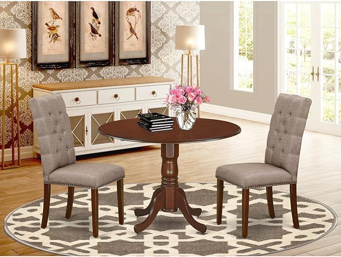 East West Furniture DLEL3-MAH-16 3 Piece Kitchen Table Set Contains a Round Dining Room Table with Dropleaf and 2 Dark Khaki Linen Fabric Upholstered Chairs, 42x42 Inch, Mahogany