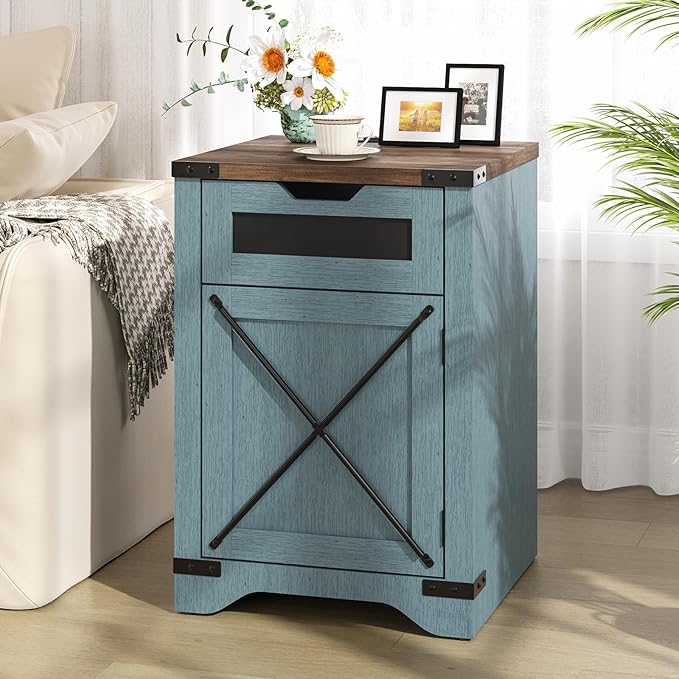 Farmhouse End Table Set of 2 with Charging Station, 26.4" Tall Rustic Nightstand with Drawer and X Barn Door, Country Bedside Sofa Side Table for Living Room, Blue