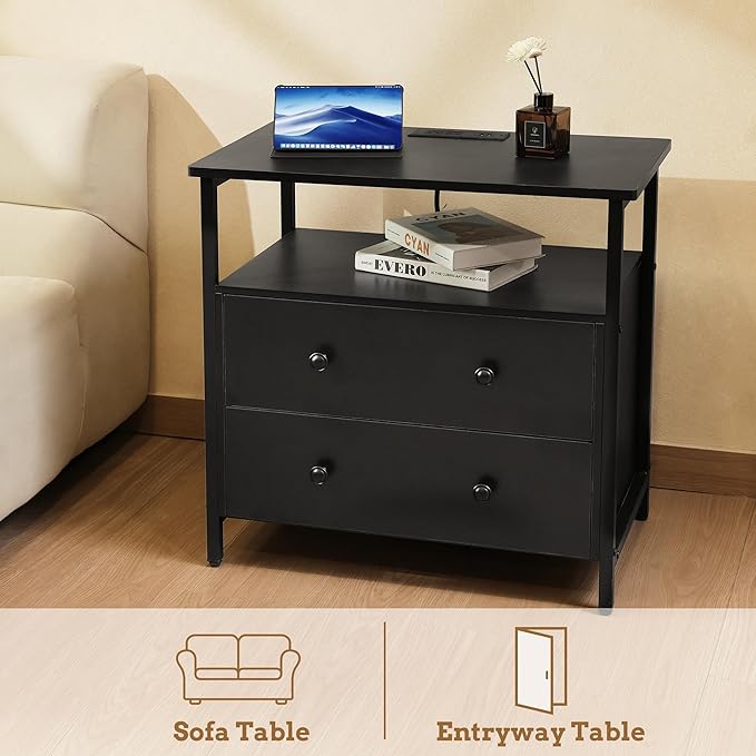 27 inch Wide Nightstand with Charging Station, Bedside Table with Open Shelf, 2 Drawers Small Wood Dresser, End Side Table for Bedroom (Black)