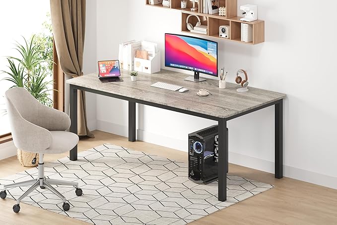 GarveeHome 70.8in Industrial Dining Table for 6, Wooden Long Dinner Table with Mortise Tenon Design, Kitchen Table with Sturdy Metal Legs, for Dining Room Home Office Living Room, Grey