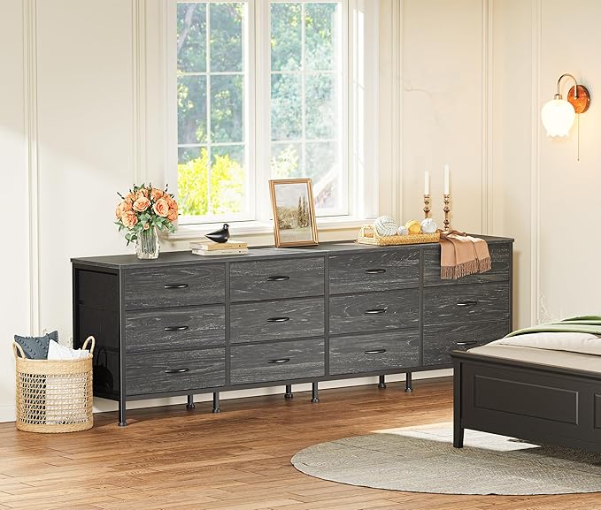 Huuger 70 Inch Dresser for Bedroom, TV Stand for 65, 75, 80 Inch TV,12 Fabric Drawer Long Dresser, Large Storage Organizer Unit, Chest of Drawer for Bedroom, Charcoal Black Wood Grain Print