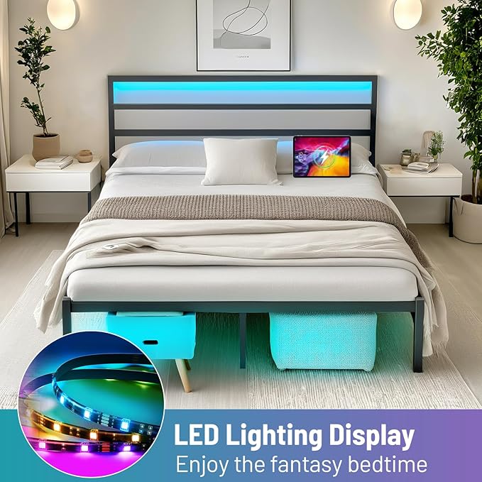 Queen Bed Frame with Headboard,Heavy Duty Steel Slats Support-LED Bed Frame with USB Charging Station,Mattress Foundation-Under Bed Storage,No Box Spring Needed,Noise Free,Black
