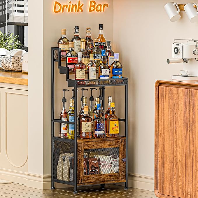 Tiered Liquor Stand with Bar Cabinet for Home, Large-Capacity Wine Rack Freestanding Floor, Stepped Display Shelf Featuring Mesh Door Holds Whiskey & Syrup Bottles, Corner Storage Ideal in living room