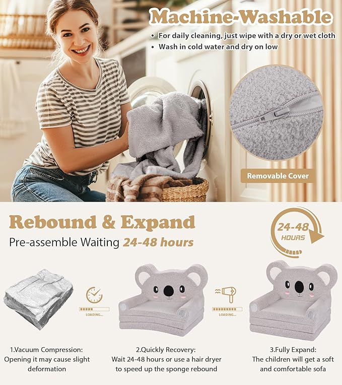 Kids Couch, 2-in-1 Soft Toddler Couch Fold Out with Blanket, Chair Comfy, Foldable Convertible Plush Sofa to Lounger, Gifts for Kids Girl Boys, Koala