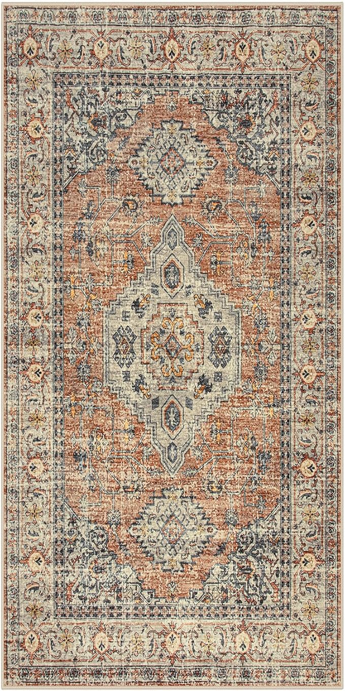 Lahome Oriental Small Area Rug, 2x4 Soft Washable Rugs for Entryway Kitchen, Non-Slip Ultra-Thin Indoor Door Mat Distressed Vintage Small Carpet for Bathroom Bedroom, Peach/Orange