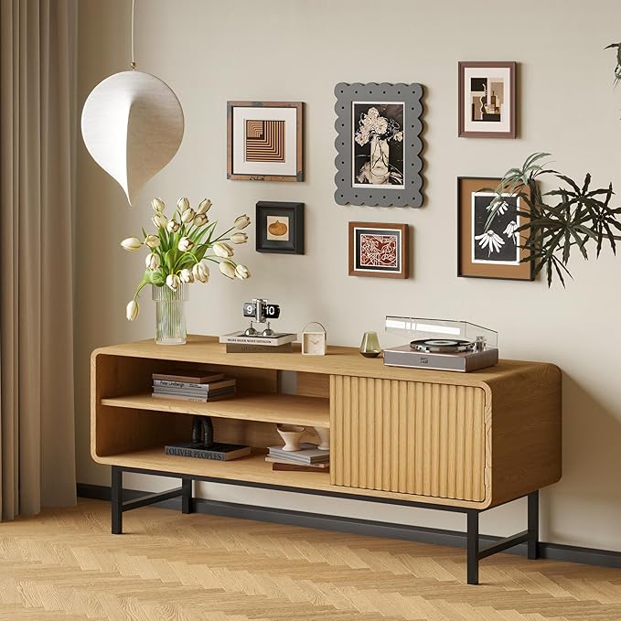 TV Stand,Mid Century Modern Entertainment Center with 2 Open Shelves,Farmhouse TV Media Console Table for Living Room,Bedroom,Television Stand up to 50 Inches,Yellow Oak