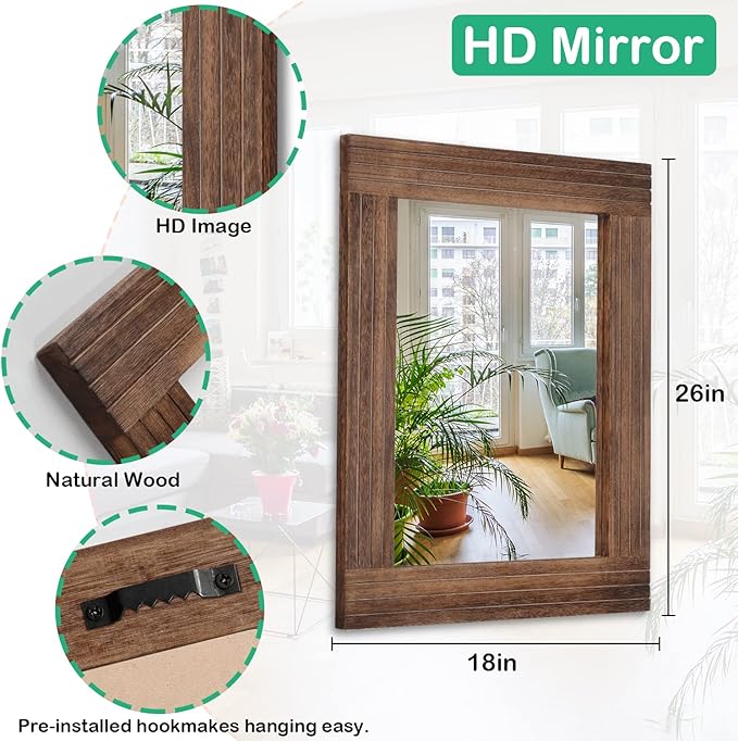 Rustic Mirror Wooden Rectangular Antique Wall Mirror Frame Decor Farmhouse Bedroom Dresser Bedroom Entryway Mirror Large Brown 26"x18"