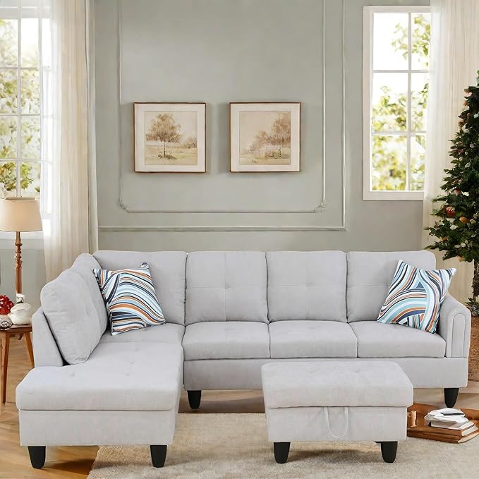 L Shaped Sectional Couch with Otttoman, 97" Sectional Sofa for Living Room Flannel Modular Couches with Cup Holders for Bedroom, Apartments, Light Grey