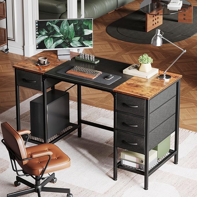 Huuger 47 Inch Computer Desk with 4 Drawers, Office Desk with Mesh Shelf, Gaming Desk, Large Storage, Writing Work Desk for Home Office, Study, Bedroom, Work from Home, Rustic Brown and Black