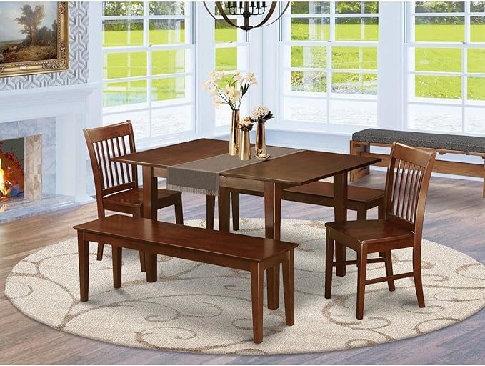 East West Furniture PSNO5C-MAH-W 5 Piece Kitchen Table & Chairs Set Includes a Rectangle Dining Table with Butterfly Leaf and 2 Dining Room Chairs with 2 Benches, 32x60 Inch, Mahogany