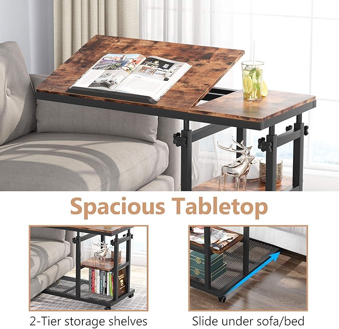 Tribesigns Height Adjustable C Table with Wheels, Mobile Couch Snack Side Table with Tiltable Drawing Board, Sofa Bedside Laptop Stand C Shaped TV Tray with Storage Shelves (Brown)