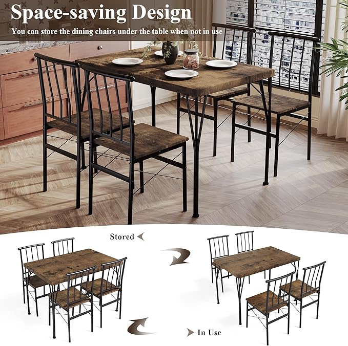 5 Piece Dining Table Set with 1.6" Thick Desktop, Modern Metal&Wood Kitchen Dinner Table with 4 Chairs, Dining Room Table Sets for Small Spaces, Brown