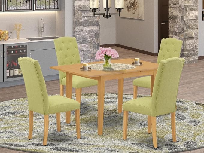 East West Furniture NOCE5-OAK-07 5 Piece Dining Table Set Includes a Rectangle Kitchen Table with Butterfly Leaf and 4 Limelight Linen Fabric Parson Dining Chairs, 32x54 Inch, Oak