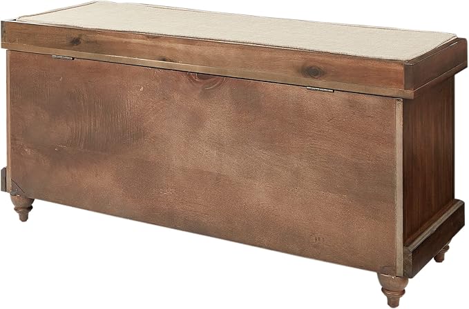 OSP Home Furnishings Dover Coastal Lift-Top Storage Bench with Shutter Face Styling, Distressed Brown Finish with Beige Linen Fabric Cushion