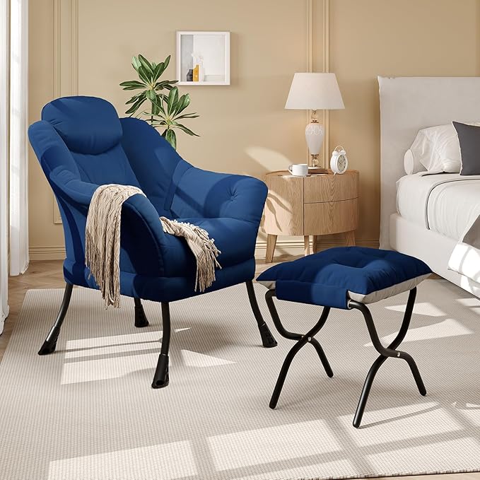 Lazy Chair with Ottoman - Modern Living Room Chairs for Small Spaces, Ergonomic Reading Chair with Armrests, Comfy Chair with Ottoman for Bedroom & Living Room, Blue