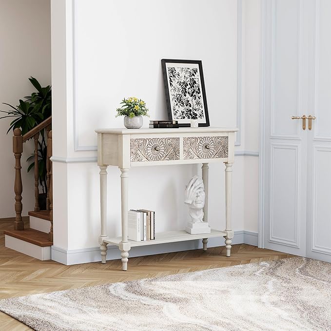 COSIEST Console Table with 2 Drawers, MDF Narrow Entryway Table with Storage Shelf, Wood Accent Sofa Table for Living Room, Entrance, Hallway, Couch, Light Grey