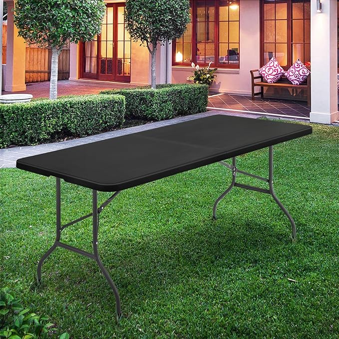 Athena Collection 6 ft Square Folding Dining Table, Large Plastic Foldable Table Portable with Carry Handle, Heavy Duty Fold-in-Half Utility for Indoor Outdoor Party Camping Picnic, Black