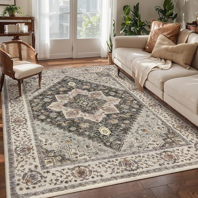 Tangsoo 3x5 Area Rug Vintage Washable Rugs Non Slip, Farmhouse Rugs Indoor Accent Rug Print Distressed Brown Grey Carpet, Soft Low Pile Rug for Living Room Bedside Entryway Bedroom