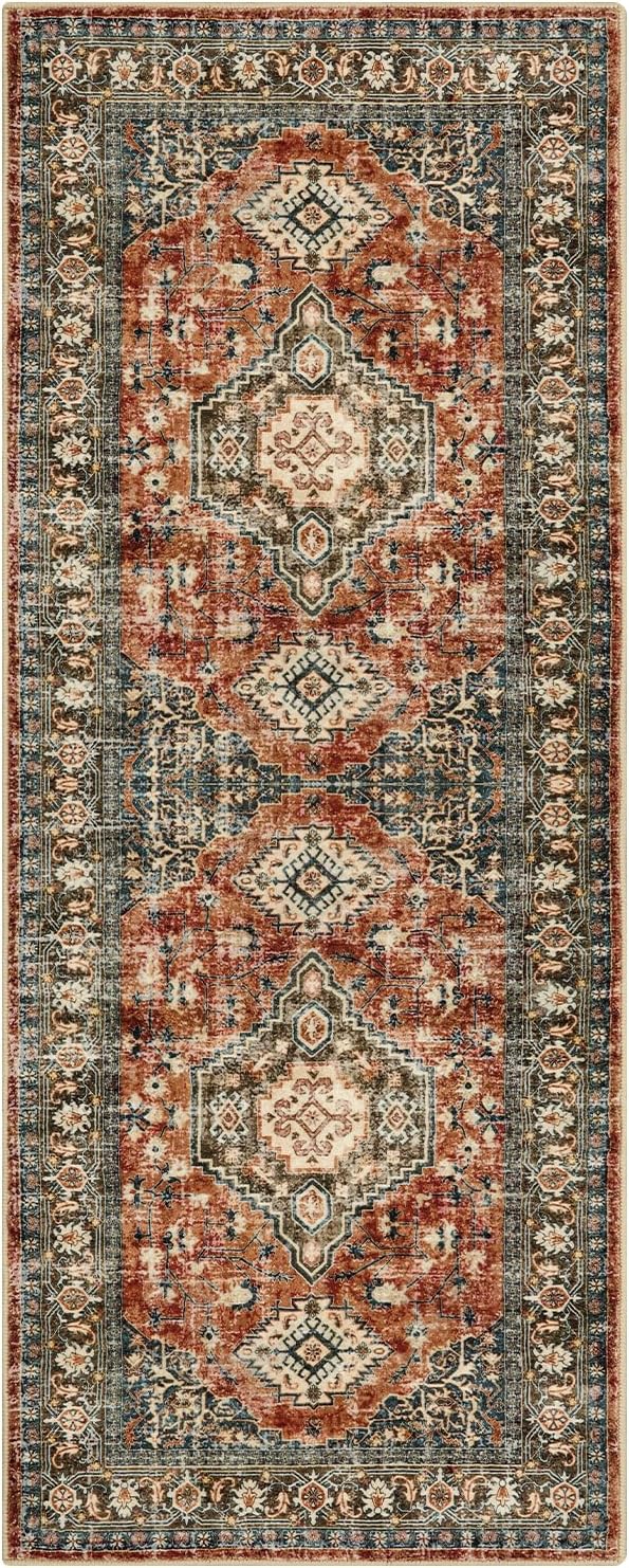 Lahome Oriental Small Area Rug, 2x4 Washable Entryway Rug Non-Slip Ultra-Thin Indoor Door Mat Distressed Throw Carpet for Kitchen Bedroom, Brick Red
