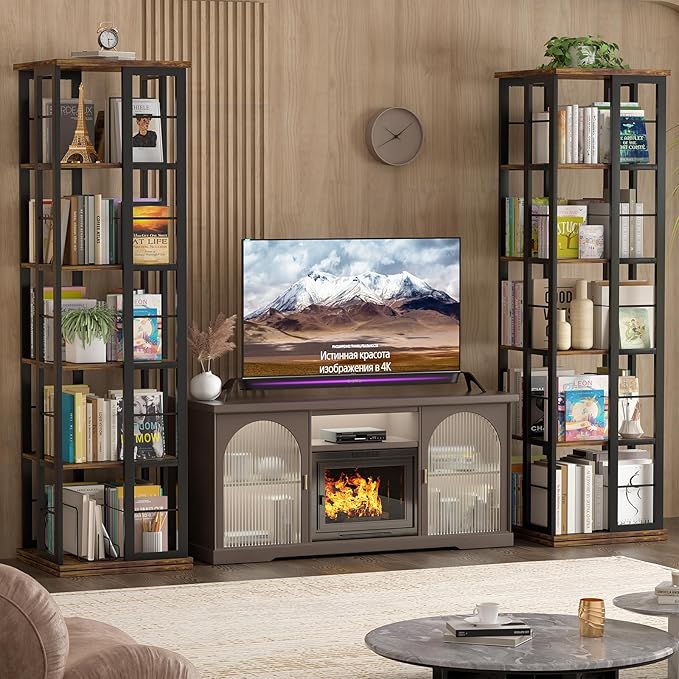 Aheaplus Rotating Bookshelf, Corner Bookcase, 360 Display Wood Spinning Bookshelves, Floor Standing Bookcase Narrow Shelf,5 Tiers, Rustic Brown