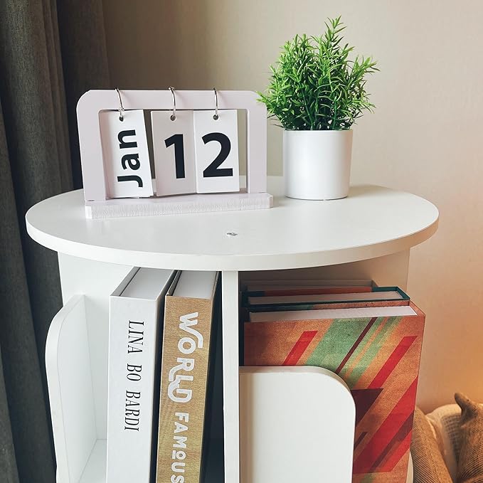 Heehee Wooden Rotating Bookshelf 360 Display Floor Standing Bookcase Storage Rack for Kids&Adults Multi-Functional Bookshelf Organizer (White (5-Tier))