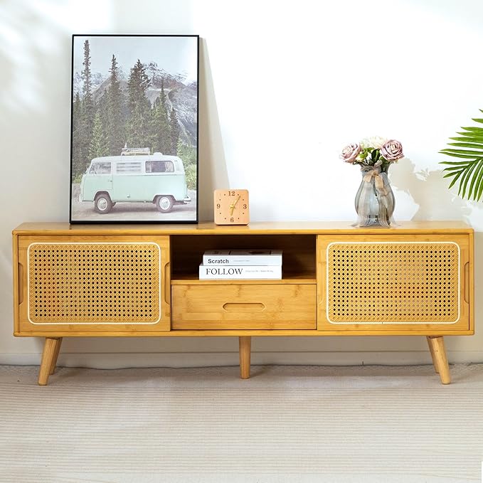 HollyHOME Bamboo TV Stand with Storage for TVs up to 65", Modern Entertainment Center with Rattan and Drawer, Accent TV Table with 2 Shelf, Media Console Cabinet for Living Room, Bedroom, Burlywood