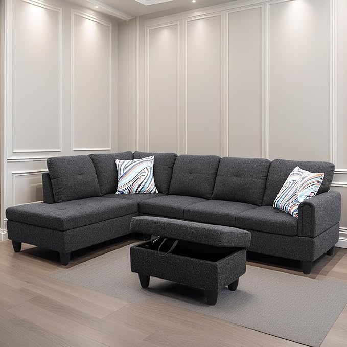 L Shaped Sectional Couches for Living Room, Modern Modular Sectional Sofa with Ottoman Storage, Comfy L Shaped Couch with Chaise for Bedroom Apartment Furniture, Gray