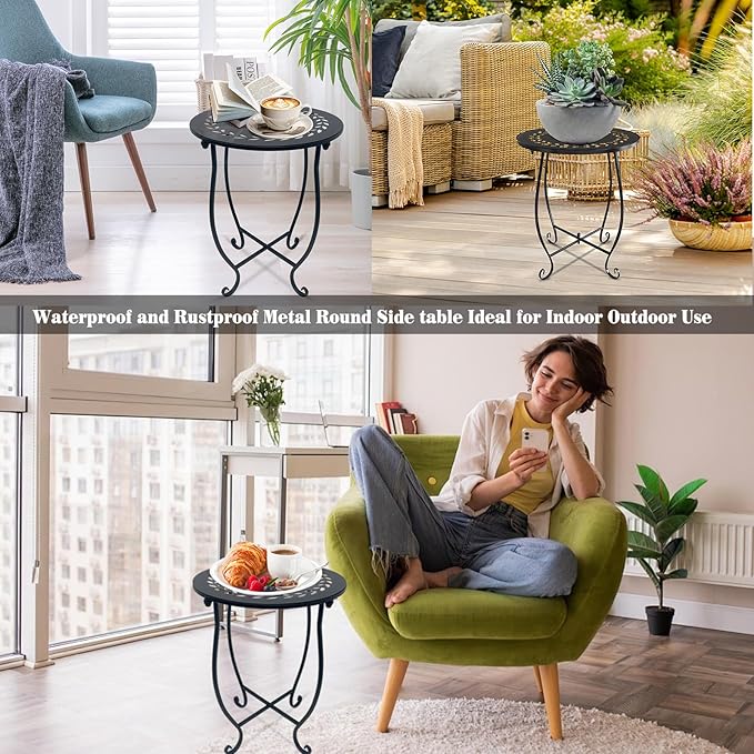 Round Side Table, 1 Pack 14 Inch Bedside Table for Living Room, Bedroom, Weather Resistant Black Metal Outdoor Side Table for Patio Balcony Yard Porch Garden, Plant Stand for Indoor Outdoor Use