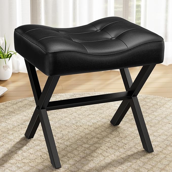 18-Inch Large Leather Vanity Stool, Vanity Chair with Metal X-Leg, Ottoman Foot Stool with Thick Padded Saddle Seat, Black